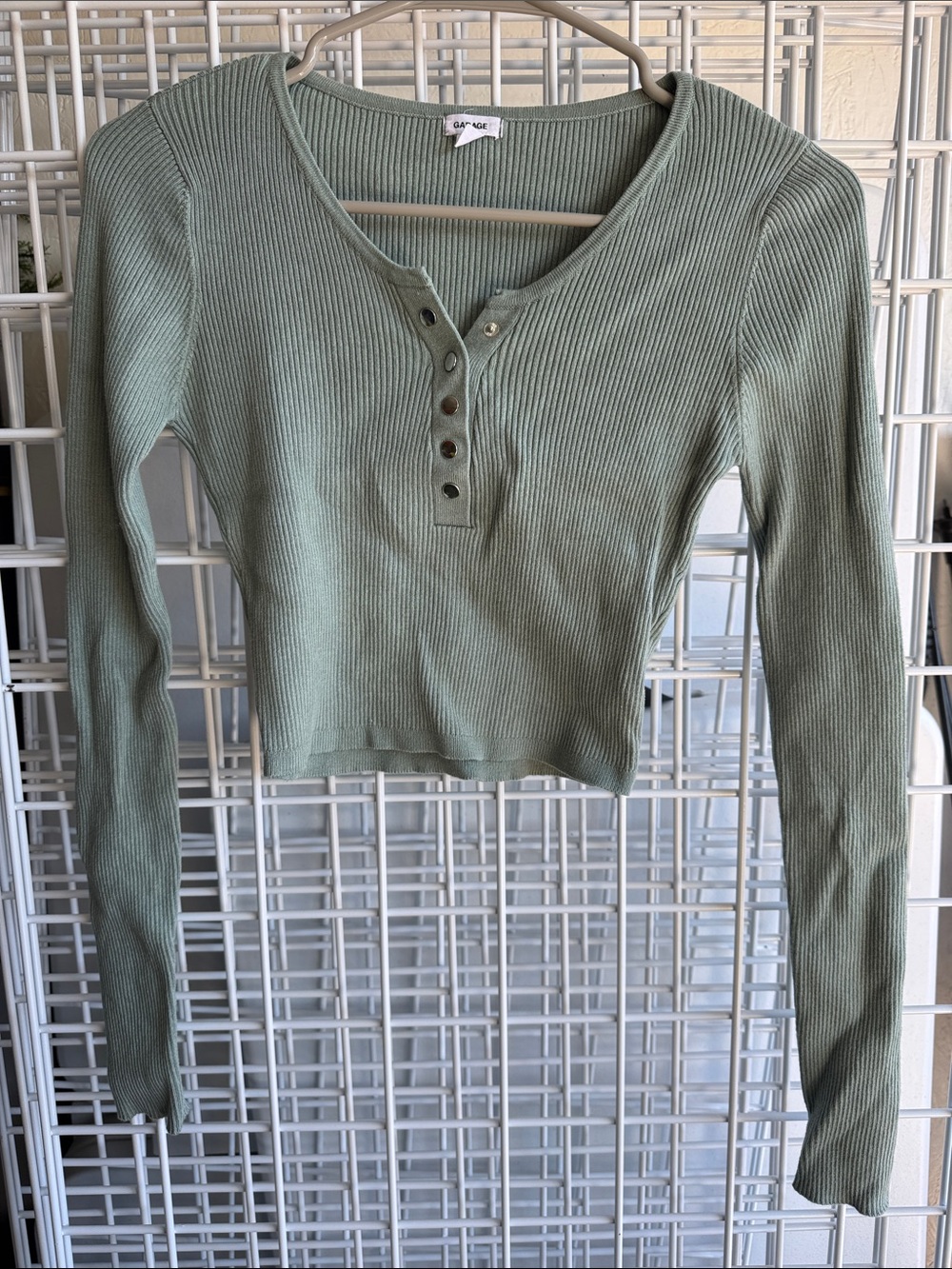 Garage Sage Ribbed Henley Long Sleeve Crop